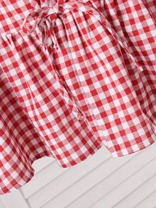 SHEIN 少女红色格子系带蝴蝶结无袖荷叶边下摆衬衫 - 紅色 - 查看 7