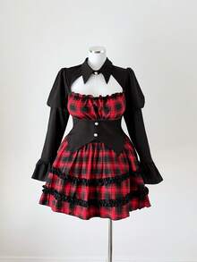 Sunspun New Retro Punk Dark Elegant Plaid Puff Sleeve Cinched Waist Slim Fit Shirt Polo Collar Top Paired With Elastic Waist Layered Ruffle Mini Skirt 2 Pieces Set, Elegant, Cosplay Dark Style Lolita Bell Sleeve Hollow Design Top + Plaid Puff Skirt Suit - Multicolor - View 5