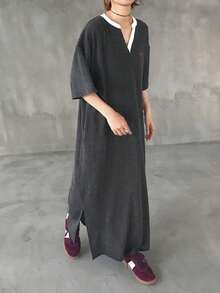 FRIFUL 女士撞色V领落肩宽松休闲长款连衣裙 - 黑色 - 查看 3