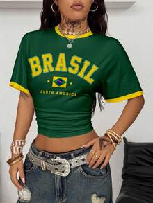 Coolane Áo thun ngắn tay nữ dáng suông, in chữ, nhún bèo, thích hợp mặc mùa hè. - Nhiều màu - Xem 6