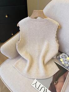 Franclia 休闲宽松V领无袖毛边杏色女士春夏针织上衣，春夏女装休闲衬衫，杏色夏季开衫，女士毛衣背心，背心衬衫，针织上衣 - 杏色 - 查看 2