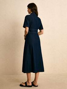 Poéselle 女士休闲日常通勤单排扣短袖收腰牛仔连衣裙，夏季 - 深色水洗藍 - 查看 2