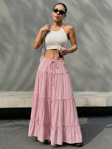 SHEIN EZwear 女士简约休闲百褶迷你裙，粉色，适合约会和日常穿着，春夏款 - 粉色 - 查看 5