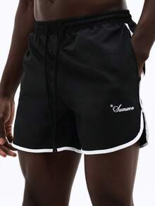 Nylonowe spodenki kąpielowe SUMWON z białą lamówką, idealne na lato, na plażę, na wakacje, na co dzień, z elastycznym pasem, ze sznurkiem ściągającym, regulowane, wygodne, na wakacje - Czarne - Zobacz 5