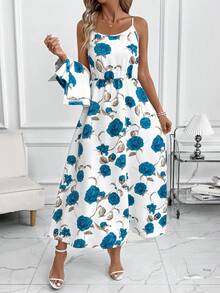 SHEIN Clasi 女士优雅印花连衣裙和衬衫两件套，夏季 - 彩色 - 查看 4