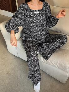 DAZY Conjunto de pijama de mujer con mangas de linterna holgadas, estampado floral decorativo y etiqueta tejida - Negro - Ver 6