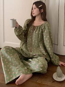 DAZY Ditsy Floral Ruched Drawstring Neck Lantern Sleeve Loose Women Pajama Set - Green - View 9
