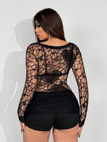 Whyspr Plus Size Women's Sexy Stand Collar Sheer Hollow Out Long Sleeve Fitted Blouse, Spring/Summer/Autumn