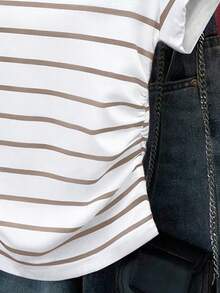 Resyla 女士户外/办公休闲条纹印花短袖修身褶皱腰部T恤，大码，适合返校季、教师节等场合 - 彩色 - 查看 4