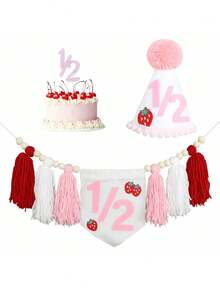 Decoraciones para fiesta de medio año de cumpleaños, estilo bohemio, Navidad, 1er cumpleaños, tema de fresa, bandera, guirnalda de cuentas de madera y borlas, gorro de medio cumpleaños, set de suministros para celebración de niño/niña, telón de fondo para fotos - Multicolor - Ver 2