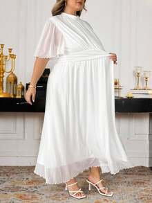 SHEIN CURVE+ 大码女装春夏优雅浪漫气质日常通勤海滩度假立领褶皱高腰A字伞裙喇叭袖白色长裙 - 白色 - 查看 1