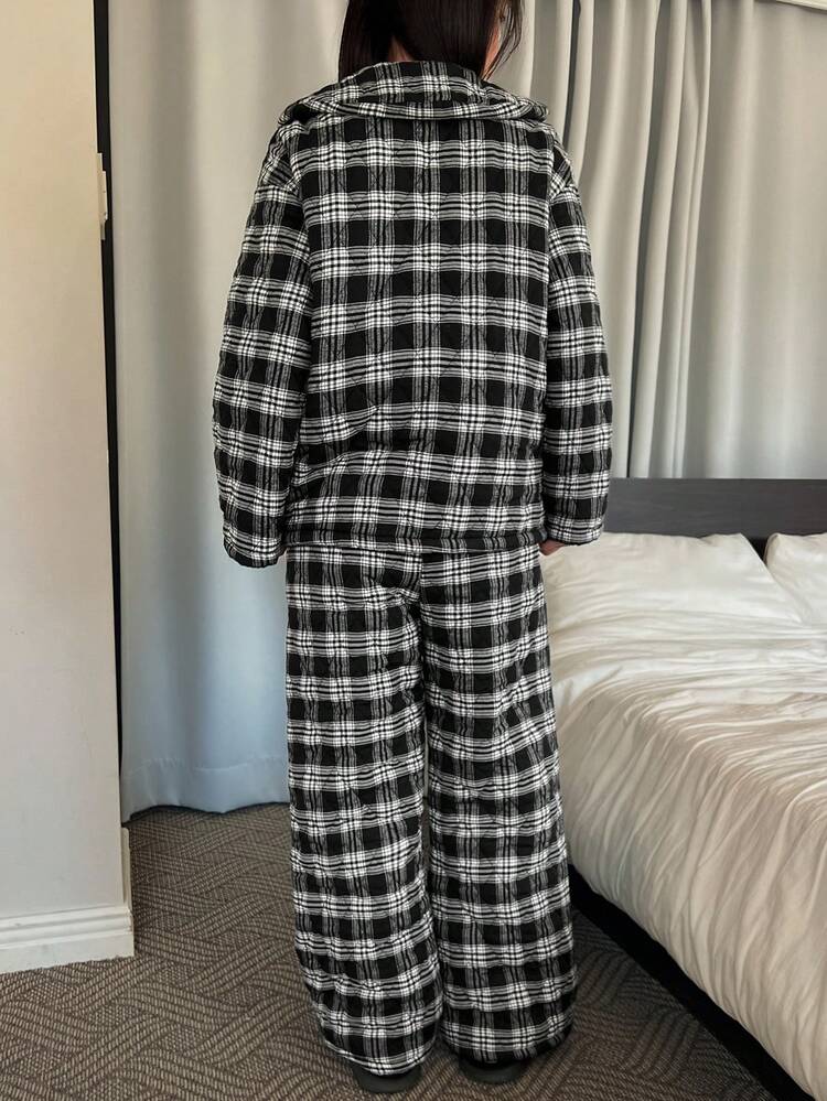 Women's Thick Quilted Plaid Collar Pajama Set, Cozy Winter Loungewear