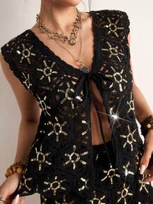 Freevana Bohemian Apricot Contrast Sequin Crochet 2-Piece Set: Sleeveless V-Neck Tie Vest + High Waist Ruffle Hem Mini Skirt, Niche Design Vacation Style Early Spring - Multicolor - View 4