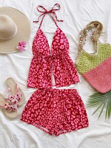 Soleia 女士度假时尚经典豹纹V领吊带性感吊带背心和宽松超短裤两件套，适合约会、派对、城市街头度假 - 彩色 - 查看 5