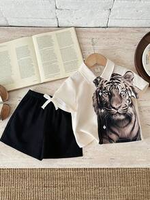 SHEIN Baby Boy Tiger Print Polo Shirt And Shorts Set, Casual Summer Outfit - Black - View 1