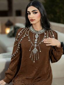 Layrah Coffee Color Jacquard Embroidered Rhinestone Embellished Long Sleeve Arabic Style Dress Luxury Dress For Women  Modest Full Length Jalabiya, Casual Long Sleeve Maxi Dress - Coffee Brown - View 5