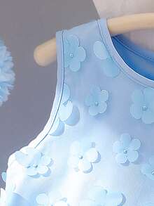 Kleine Mädchen Blaues Blumen Mesh-Ärmelloses Patchwork Kleid, Sommer Kinder Süßes Mini Kleid - Blau - Übersicht 5