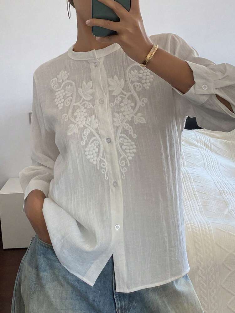 Women's Floral Embroidery Loose Stand Collar Elegant Vacation Blouse, Spring/Autumn