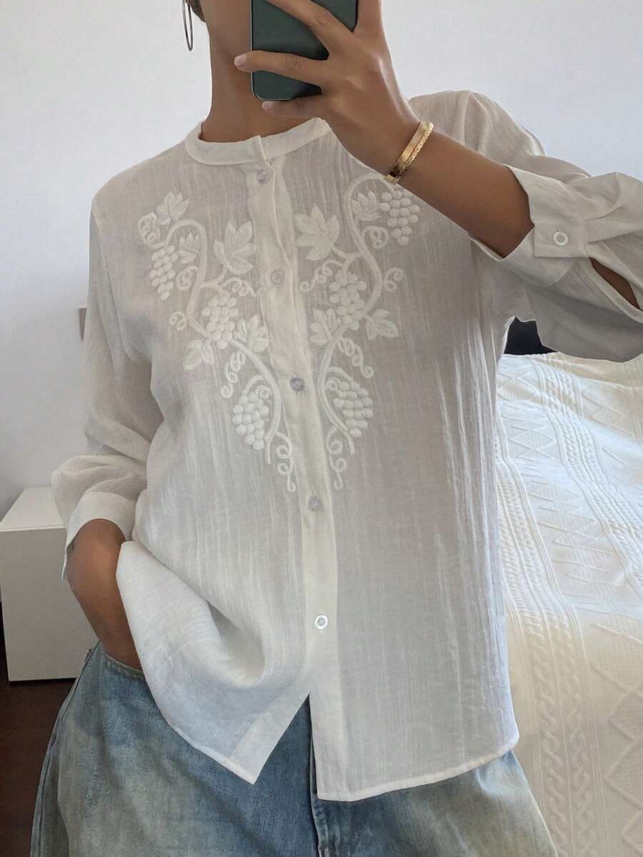 DAZY Women's Floral Embroidery Loose Stand Collar Elegant Vacation Blouse, Spring/Autumn - White - View 1