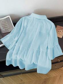 GlowEve CURVE Áo sơ mi trơn màu, cỡ lớn, kiểu dáng thường ngày, mùa hè. - Màu xanh nhạt - Xem 2