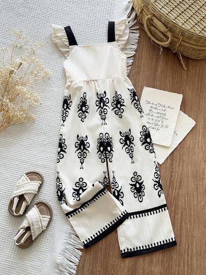 Vintaside Kids 1pc Vintage Casual Slim Fit Unique Cherry Print Jumpsuit, Suitable For Outdoor Summer And School