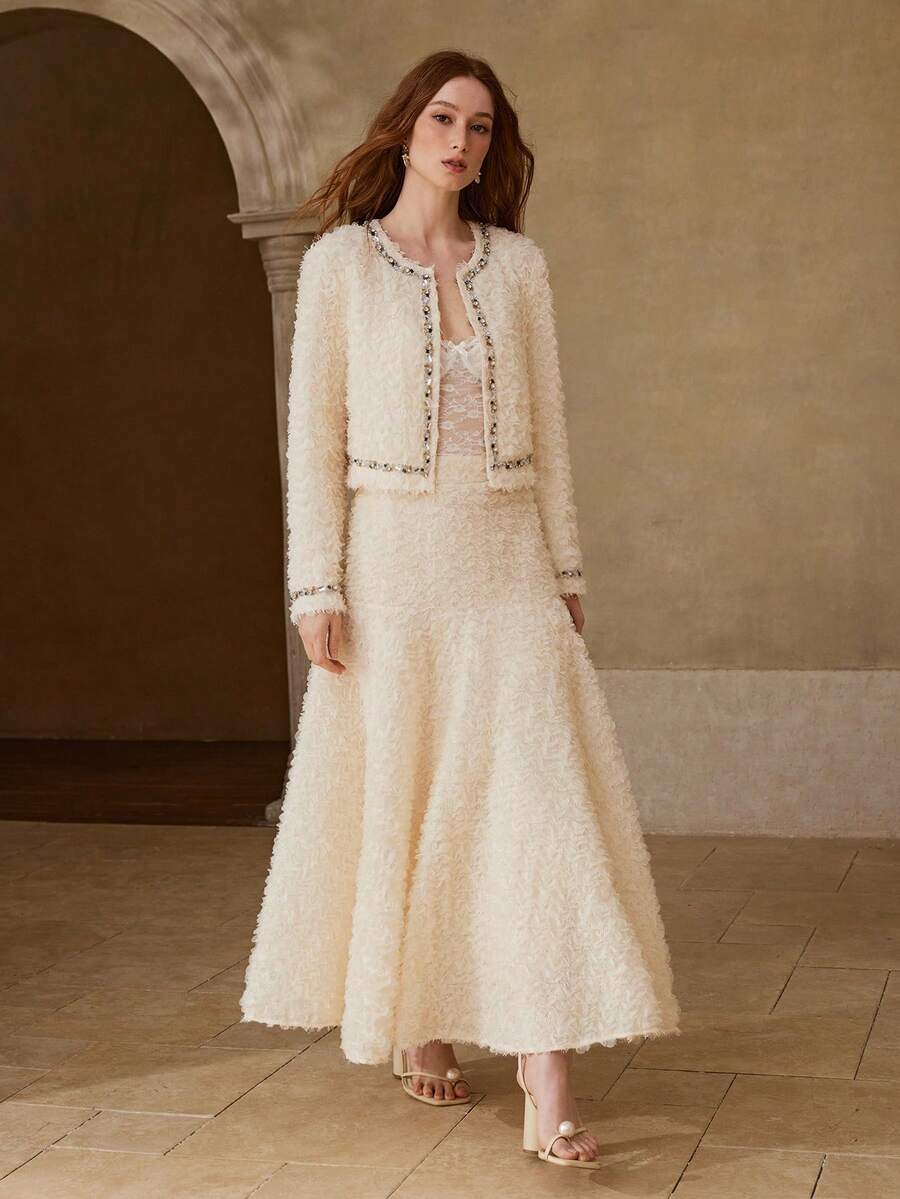 MOTF PREMIUM WOMEN'S RHINESTONE EMBELLISHED OPEN FRONT JACKET - Beige - View 1