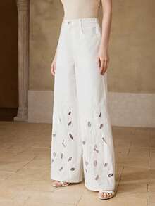 MOTF PREMIUM WOMEN'S SPRING/SUMMER COTTON HOLLOW-OUT EMBROIDERED WIDE LEG PANTS - White - View 4