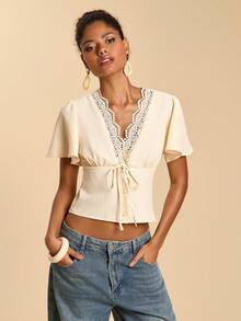 Travachic Women's Romantic Lace Trim Tie Front Cropped Shirt, Summer - Pink - View 5