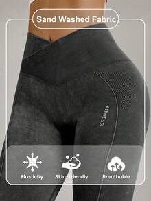 Core Rhythm Seamless High Elasticity Yoga Exercise Sports Criss-Cross Waist Sandwashed Sports Leggings - Black - View 4