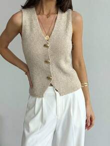 Aloruh Chaleco de punto con un solo botonadura de metal para mujer, primavera - Caqui - Ver 5