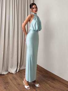 Firerie 女士优雅端庄弹力婚礼宾客礼服，修身露背褶皱长裙，闪亮面料 - 藍色 - 查看 5