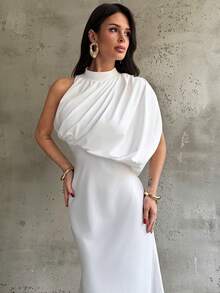 Firerie 女士优雅浪漫约会派对婚礼宾客连衣裙，不对称褶皱肩部长袖修身连衣裙，适合情人节、约会、派对、下午茶、度假、拍照等场合，新款女士连衣裙 - 白色 - 查看 5