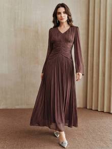 Anewsta New Elegant Fashion V-Neck Flare Sleeve Waist Ruched Dress, Suitable For Outings, Parties, Dates, Spring/Summer - Brown - View 7