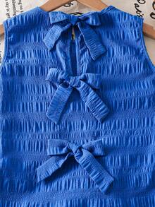 SHEIN 2pcs Tween Girls Casual Crew Neck Textured Fabric Bow Back Tank Top And Shorts Set - White - View 3