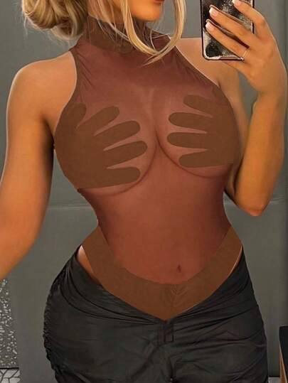 BamGleam Transparent Mesh Bodysuit With Palm And Chest Panels