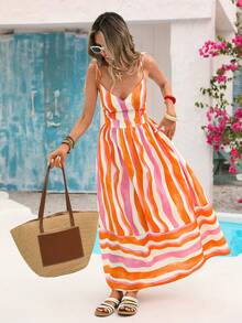 Vivid Eden Đầm đi biển cổ chữ V hở lưng, eo thắt, vạt rộng cho nữ - màu xanh lá - Xem 1