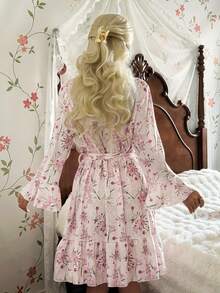 SHEIN Floral Print Ruffle Trim Tie Waist 3/4 Sleeve Women Sleepwear Robe