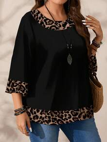 EMERY ROSE Women's Leopard Print Contrast Color Round Neck 3/4 Sleeve Blouse, Suitable For Spring/Summer Carnival,Casual - Multicolor - View 4