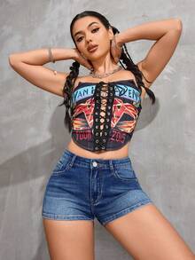 SHEIN ICON Quần short denim mini dáng ôm màu xanh dương, co giãn, gợi cảm dành cho nữ, cỡ lớn, phong cách cao bồi mùa xuân. - Rửa trung bình - Xem 4