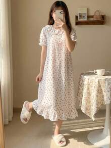 Tween Girl Floral Puff Sleeve Ruffle Hem Nightgown - White - View 4