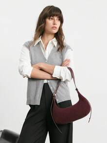SHECARRY Corduroy Handbag, Fashionable Shoulder Bag, Casual Crescent Crossbody Bag, Autumn/Winter New Arrival - Wine red - View 7