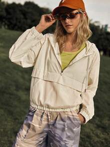 Medorelle Áo hoodie nữ thể thao thường ngày phối lưới, có khóa kéo. - Màu be - Xem 3