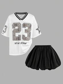 青少年女孩緞面網格字母印花V領T恤與泡泡裙2件套，黑白配色，夏季，牛仔風，校園，開學季，流行明星造型 - 黑與白 - 查看 4
