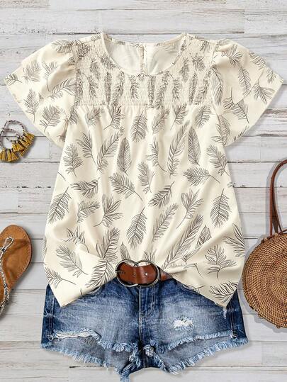 Linhara 大码女式植物叶子印花圆领双层短袖休闲通勤优雅百搭甜美约会复古沙滩度假衬衫
