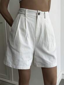 DAZY 女士纯色褶裥口袋休闲百搭日常短裤 - 米色 - 查看 5