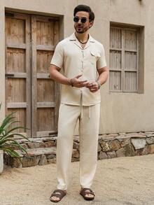 VENTUSAIL 男士休闲纯色短袖衬衫和抽绳腰短裤套装，夏季男士两件套，夏季男士休闲短裤两件套，白色沙滩装，男士短裤套装，男士衬衫套装，男士条纹纽扣衬衫短裤套装 - 杏色 - 查看 5