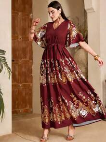 INAWLY V领收腰女士箔花印花荷叶边长连衣裙 - 酒紅色 - 查看 5