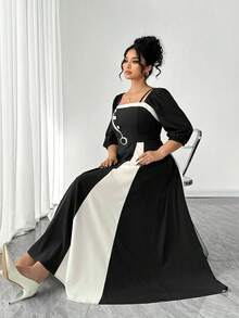SHEIN Elenzya Vestido elegante de mujer talla grande con cuello cuadrado, mangas farol y diseño de botones en contraste de color - Negro - Ver 3
