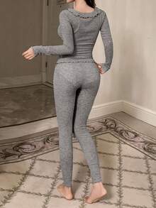 DAZY 2pcs Women Slim Fit Knit Ruffle Collar Top And Pants Pajama Set, Autumn/Winter - Grey - View 2