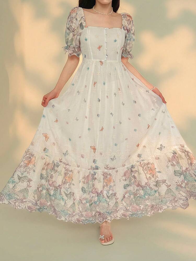 Women's Square Neck Short Sleeve Floral Print Dress, Elegant Summer Sundress
